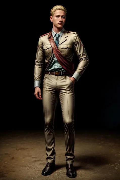 <lora:syahnkV4-08:0.65>, syahnk, masterpiece, best quality, highres, realistic, pure elden, As Erwin Smith of Scout Commander   ,well-built body, muscular merchant, detailed facial features, double-breasted jacket, formal khaki pants, dress moccasins, BoneyardAI, bone, lavish details, finely detailed background, Depth of Field, VFX, (full body shot), (extremely detailed:1.2), extremely colourful, fantasy background,  <lora:more_details:1>