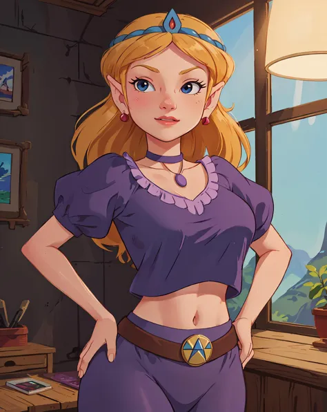 tsmbsszelda, DVD screengrab from 1980s Studio Ghibli anime movie, Princess Zelda from breath of the wild. Thin Black choker. (blonde hair). (Firm breasts). (Voluptuous). (Midriff). (wide hips). Thick waist. Soft overhead lighting. Sharp shadows. Intricate. High detail. (Seductive smile). Prostitute pose. ((Indecent nightgown)). (Sweaty). (High detail face)
[80sanimestyle, art by (gil elvgren, wlop, loish), frank franzetta] (sharp shadows:0.9), (pastels:0.9)], <lora:ZeldaCDI256NAI:.2> <lora:Zelda80s:.8>