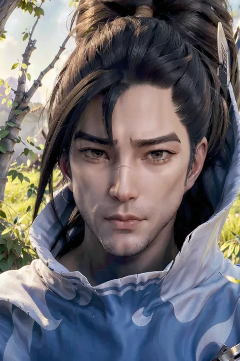 best quality, ultra high res, (photorealistic:1.4), <lora:koreanDollLikeness_v15:0.66>, highly detailed, beautiful, small details, ultra detailed, best quality, digital illustration, detailed, intricate, 4k, good anatomy, intricate details, masterpiece, (illustration:1.1), highres, masterpiece, detailed shadows, amazing detail, yasuo, league of legends, yasuo_(league_of_legends), 1boy, solo, black hair, ponytail, spiked hair, beard, detailed eyes,