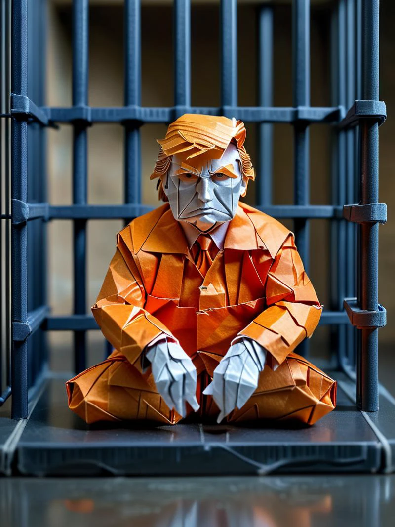 Full body illustration of ultra realistic very detailed origami Donald Trump sitting standing behind bars in a prison cell, detailed origami face, detailed origami hands, he is wearing an orange prison jumper, vibrant colors, high resolution, bokeh, highest contrast, masterpiece, 32k, high contrast, vibrant colors, vivid colors, high resolution textures, crisp colors, ultra sharp, sharp focus,
<lora:TQ_-_Fairy_Tale_Origami_Paintings:1>, <lora:add-detail-xl:0.7>, <lora:MJ52:0.2>, <lora:WildcardX-XL-Detail-Enhancer:0.5>