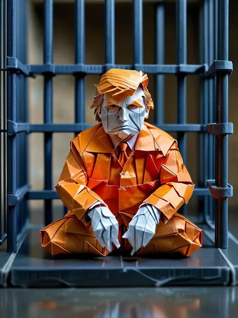 Full body illustration of ultra realistic very detailed origami Donald Trump sitting standing behind bars in a prison cell, detailed origami face, detailed origami hands, he is wearing an orange prison jumper, vibrant colors, high resolution, bokeh, highest contrast, masterpiece, 32k, high contrast, vibrant colors, vivid colors, high resolution textures, crisp colors, ultra sharp, sharp focus,
 <lora:TQ_-_Fairy_Tale_Origami_Paintings:1>,   <lora:add-detail-xl:0.7>,  <lora:MJ52:0.2>,  <lora:WildcardX-XL-Detail-Enhancer:0.5>