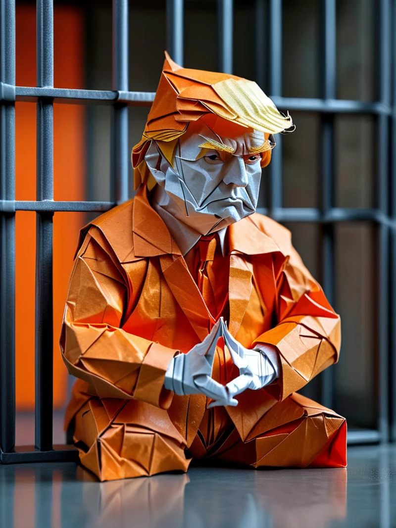 Full body illustration of ultra realistic very detailed origami Donald Trump sitting standing behind bars in a prison cell, detailed face, detailed hands, he is wearing an orange prison jumper, vibrant colors, high resolution, bokeh, highest contrast, masterpiece, 32k, high contrast, vibrant colors, vivid colors, high resolution textures, crisp colors, ultra sharp, sharp focus,
<lora:TQ_-_Fairy_Tale_Origami_Paintings:1>, <lora:add-detail-xl:0.7>, <lora:MJ52:0.2>, <lora:WildcardX-XL-Detail-Enhancer:0.5>