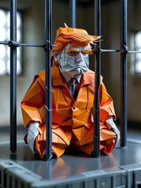 Full body illustration of ultra realistic very detailed origami Donald Trump sitting standing behind bars in a prison cell, he is wearing an orange prison jumper, vibrant colors, high resolution, bokeh, highest contrast, masterpiece, 32k, high contrast, vibrant colors, vivid colors, high resolution textures, crisp colors, ultra sharp, sharp focus,
 <lora:TQ_-_Fairy_Tale_Origami_Paintings:1>,   <lora:add-detail-xl:0.4>,  <lora:MJ52:0.2>,  <lora:WildcardX-XL-Detail-Enhancer:0.5>