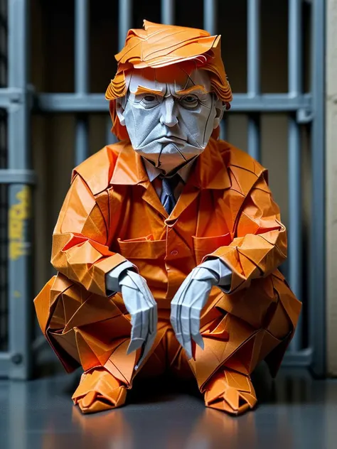 Full body illustration of ultra realistic very detailed origami Donald Trump sitting standing behind bars in a prison cell, detailed face, detailed hands, he is wearing an orange prison jumper, vibrant colors, high resolution, bokeh, highest contrast, masterpiece, 32k, high contrast, vibrant colors, vivid colors, high resolution textures, crisp colors, ultra sharp, sharp focus,
 <lora:TQ_-_Fairy_Tale_Origami_Paintings:1>,   <lora:add-detail-xl:0.4>,  <lora:MJ52:0.2>,  <lora:WildcardX-XL-Detail-Enhancer:0.5>