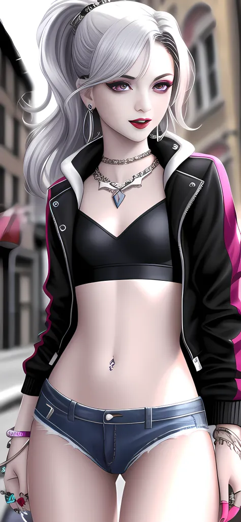 (nvinkpunk:1.5), (chill vampire 1girl:1.5), (very pale skin:1.4), wearing (jeans crop top jock jacket:1.4) (silver chains:1.2), pierced pointed ears, (lots of jewelry rings bracelets necklaces earrings:1.5), leaning against a brick wall in an alley, night, (midnight:1.2), dim street lamp, open mouth (fangs:1.3), gorgeous features, clear face, symmetrical face, beautiful face, rendered eyes, detailed eyes, beautiful hair, smile, ( exposed :1.1), long legs, [thick|slender] thighs, thigh gap, (small :1.4), flat , ( exposed :1.2), small natural , framed , perky , symmetrical , perfect , , athletic,  middriff, navel, , exotic, alluring, fit, mature, , masterpiece, highly detailed, 8k octane, HDR, ultra detailed, best quality, highest quality, realistic lighting, hyperdetailed