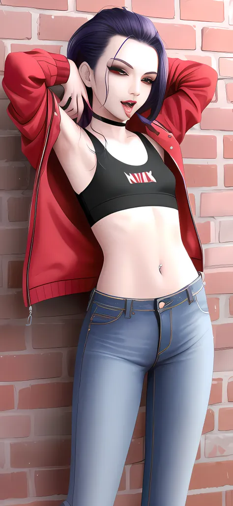 (nvinkpunk:1.5), (chill vampire 1girl:1.5), pale skin, wearing (jeans crop top jock jacket:1.4), leaning against a brick wall in an alley, mouth open showing (fangs:1.3), gorgeous features, clear face, symmetrical face, beautiful face, rendered eyes, detailed eyes, beautiful hair, smile, (bare exposed crotch:1.1), long legs, [thick|slender] thighs, thigh gap, (small boobs:1.4), flat chest, (bare exposed breasts:1.2), small natural breasts, framed breasts, perky breasts, symmetrical breasts, perfect breasts, anatomy, athletic, bare middriff, navel, sexy, exotic, alluring, fit, mature, NSFW