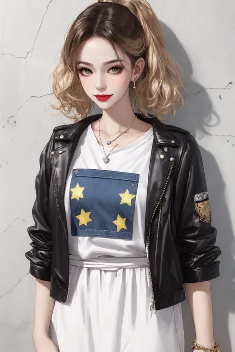 (((((shiny skin))))), an unparalleled masterpiece, an ultra-realistic 8k CG, a perfect work of art, (shiny skin: 1.5), (reflective skin: 1.3), (ultra-sharp facial features, ultra-sharp detailed description: 1.2), (half body shot: 1.5), ultra-realistic, award-winning portrait work, photo-quality reality Design, (ultra high resolution, realistic, realistic, best quality, realistic), ((high detail skin, visible pores)),
((small female)), (extreme facial detail: 1.3), (colorful hair, stylish decoration: 1.4), (colorful eyes: 1.5), Mature female, attractive, clean. Beautiful face, dimples, pure face, shiny skin
Hair: Long, curly blonde hair with a lustrous sheen that matches the smile on her cheeks, giving her a vibrant look.
Neck: Wearing a slender silver necklace with a tiny teardrop-shaped emerald hanging from it, shimmering green with a great sense of design.
Ears: Wearing a pair of silver earrings with a geometric design that is very eye-catching and makes her look more fashionable.
Wrist: On her left hand, she wore a black watch with a strap made of dark gray leather, simple and unpretentious; on her right hand, she wore a silver bracelet with a small star-shaped pendant hanging from the chain.
Fingers: On the slender fingers were worn several silver rings, each with a unique design, some with crystals and some with geometric shapes, perfectly embellishing her fingers.
Waist: High-waisted design denim shorts with a loose black belt around her waist, simple but stylish.
Clothes: wearing a tight white T-shirt with a few simple patterns printed on it, a great design that fits perfectly with the shorts.
Eyes: Deep brown eyes with a mysterious charm that makes people unconsciously attracted to them.
Face: Exquisite features and slightly sexy lips make her look both elegant and individual.
Action: leaning against a wall, with one hand in her pocket and one hand propped up against the wall, showing a confident smile, showing her frankness and independence.
Top Decoration: A short black jacket over a white T-shirt, the jacket comes with several silver zippers for a cool visual effect.
Hair decoration: a white blue pinned on the top of the head, blue petals with some sparkling rhinestones, both fresh and exquisite.
Face jewelry: a small silver nose ring on the nose with a green emerald inlaid on the nose ring, highlighting her fashion attitude
The charm of her fashion and personality. Background: In a city park, there are several white loungers on the green grass, and in the distance is a dense green tree, the sunlight casts a dappled light through the leaves. The girl is leaning against a wall, behind which is a gray wall with various interesting graffiti carved on it, which contrasts with the girl's fashionable look. Beside her sits a black handbag containing some necessities and a fashion magazine. At her feet, there is a black and white dog sticking its tongue out and looking at the girl in a cute way.
<lora:fashionGirl_v50:0.5> ulzzang-6500:0.3
