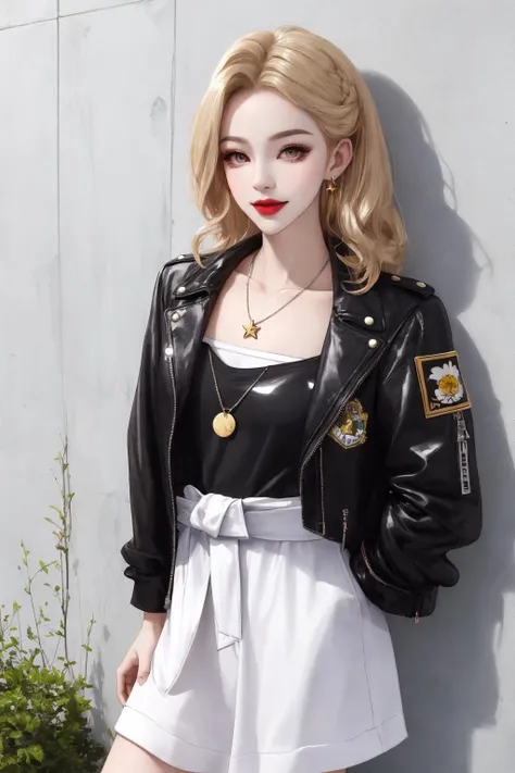 (((((shiny skin))))), an unparalleled masterpiece, an ultra-realistic 8k CG, a perfect work of art, (shiny skin: 1.5), (reflective skin: 1.3), (ultra-sharp facial features, ultra-sharp detailed description: 1.2), (half body shot: 1.5), ultra-realistic, award-winning portrait work, photo-quality reality Design, (ultra high resolution, realistic, realistic, best quality, realistic), ((high detail skin, visible pores)),
((small female)), (extreme facial detail: 1.3), (colorful hair, stylish decoration: 1.4), (colorful eyes: 1.5), Mature female, attractive, clean. Beautiful face, dimples, pure face, shiny skin
Hair: Long, curly blonde hair with a lustrous sheen that matches the smile on her cheeks, giving her a vibrant look.
Neck: Wearing a slender silver necklace with a tiny teardrop-shaped emerald hanging from it, shimmering green with a great sense of design.
Ears: Wearing a pair of silver earrings with a geometric design that is very eye-catching and makes her look more fashionable.
Wrist: On her left hand, she wore a black watch with a strap made of dark gray leather, simple and unpretentious; on her right hand, she wore a silver bracelet with a small star-shaped pendant hanging from the chain.
Fingers: On the slender fingers were worn several silver rings, each with a unique design, some with crystals and some with geometric shapes, perfectly embellishing her fingers.
Waist: High-waisted design denim shorts with a loose black belt around her waist, simple but stylish.
Clothes: wearing a tight white T-shirt with a few simple patterns printed on it, a great design that fits perfectly with the shorts.
Eyes: Deep brown eyes with a mysterious charm that makes people unconsciously attracted to them.
Face: Exquisite features and slightly sexy lips make her look both elegant and individual.
Action: leaning against a wall, with one hand in her pocket and one hand propped up against the wall, showing a confident smile, showing her frankness and independence.
Top Decoration: A short black jacket over a white T-shirt, the jacket comes with several silver zippers for a cool visual effect.
Hair decoration: a white blue pinned on the top of the head, blue petals with some sparkling rhinestones, both fresh and exquisite.
Face jewelry: a small silver nose ring on the nose with a green emerald inlaid on the nose ring, highlighting her fashion attitude
The charm of her fashion and personality. Background: In a city park, there are several white loungers on the green grass, and in the distance is a dense green tree, the sunlight casts a dappled light through the leaves. The girl is leaning against a wall, behind which is a gray wall with various interesting graffiti carved on it, which contrasts with the girl's fashionable look. Beside her sits a black handbag containing some necessities and a fashion magazine. At her feet, there is a black and white dog sticking its tongue out and looking at the girl in a cute way.
<lora:fashionGirl_v50:0.5> ulzzang-6500:0.3