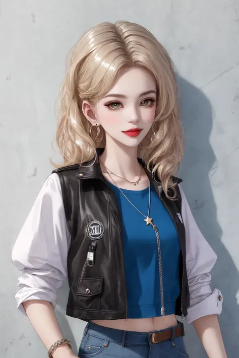 (((((shiny skin))))), an unparalleled masterpiece, an ultra-realistic 8k CG, a perfect work of art, (shiny skin: 1.5), (reflective skin: 1.3), (ultra-sharp facial features, ultra-sharp detailed description: 1.2), (half body shot: 1.5), ultra-realistic, award-winning portrait work, photo-quality reality Design, (ultra high resolution, realistic, realistic, best quality, realistic), ((high detail skin, visible pores)),
((small female)), (extreme facial detail: 1.3), (colorful hair, stylish decoration: 1.4), (colorful eyes: 1.5), Mature female, attractive, clean. Beautiful face, dimples, pure face, shiny skin
Hair: Long, curly blonde hair with a lustrous sheen that matches the smile on her cheeks, giving her a vibrant look.
Neck: Wearing a slender silver necklace with a tiny teardrop-shaped emerald hanging from it, shimmering green with a great sense of design.
Ears: Wearing a pair of silver earrings with a geometric design that is very eye-catching and makes her look more fashionable.
Wrist: On her left hand, she wore a black watch with a strap made of dark gray leather, simple and unpretentious; on her right hand, she wore a silver bracelet with a small star-shaped pendant hanging from the chain.
Fingers: On the slender fingers were worn several silver rings, each with a unique design, some with crystals and some with geometric shapes, perfectly embellishing her fingers.
Waist: High-waisted design denim shorts with a loose black belt around her waist, simple but stylish.
Clothes: wearing a tight white T-shirt with a few simple patterns printed on it, a great design that fits perfectly with the shorts.
Eyes: Deep brown eyes with a mysterious charm that makes people unconsciously attracted to them.
Face: Exquisite features and slightly sexy lips make her look both elegant and individual.
Action: leaning against a wall, with one hand in her pocket and one hand propped up against the wall, showing a confident smile, showing her frankness and independence.
Top Decoration: A short black jacket over a white T-shirt, the jacket comes with several silver zippers for a cool visual effect.
Hair decoration: a white blue pinned on the top of the head, blue petals with some sparkling rhinestones, both fresh and exquisite.
Face jewelry: a small silver nose ring on the nose with a green emerald inlaid on the nose ring, highlighting her fashion attitude
The charm of her fashion and personality. Background: In a city park, there are several white loungers on the green grass, and in the distance is a dense green tree, the sunlight casts a dappled light through the leaves. The girl is leaning against a wall, behind which is a gray wall with various interesting graffiti carved on it, which contrasts with the girl's fashionable look. Beside her sits a black handbag containing some necessities and a fashion magazine. At her feet, there is a black and white dog sticking its tongue out and looking at the girl in a cute way.
<lora:fashionGirl_v50:0.5> ulzzang-6500:0.3