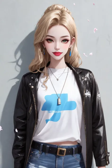 (((((shiny skin))))), an unparalleled masterpiece, an ultra-realistic 8k CG, a perfect work of art, (shiny skin: 1.5), (reflective skin: 1.3), (ultra-sharp facial features, ultra-sharp detailed description: 1.2), (half body shot: 1.5), ultra-realistic, award-winning portrait work, photo-quality reality Design, (ultra high resolution, realistic, realistic, best quality, realistic), ((high detail skin, visible pores)), 

((small female)), (extreme facial detail: 1.3), (colorful hair, stylish decoration: 1.4), (colorful eyes: 1.5), Mature female, attractive, clean. Beautiful face, dimples, pure face, shiny skin

Hair: Long, curly blonde hair with a lustrous sheen that matches the smile on her cheeks, giving her a vibrant look.
Neck: Wearing a slender silver necklace with a tiny teardrop-shaped emerald hanging from it, shimmering green with a great sense of design.
Ears: Wearing a pair of silver earrings with a geometric design that is very eye-catching and makes her look more fashionable.
Wrist: On her left hand, she wore a black watch with a strap made of dark gray leather, simple and unpretentious; on her right hand, she wore a silver bracelet with a small star-shaped pendant hanging from the chain.
Fingers: On the slender fingers were worn several silver rings, each with a unique design, some with crystals and some with geometric shapes, perfectly embellishing her fingers.
Waist: High-waisted design denim shorts with a loose black belt around her waist, simple but stylish.
Clothes: wearing a tight white T-shirt with a few simple patterns printed on it, a great design that fits perfectly with the shorts.
Eyes: Deep brown eyes with a mysterious charm that makes people unconsciously attracted to them.
Face: Exquisite features and slightly sexy lips make her look both elegant and individual.
Action: leaning against a wall, with one hand in her pocket and one hand propped up against the wall, showing a confident smile, showing her frankness and independence.
Top Decoration: A short black jacket over a white T-shirt, the jacket comes with several silver zippers for a cool visual effect.
Hair decoration: a white blue pinned on the top of the head, blue petals with some sparkling rhinestones, both fresh and exquisite.
Face jewelry: a small silver nose ring on the nose with a green emerald inlaid on the nose ring, highlighting her fashion attitude
The charm of her fashion and personality. Background: In a city park, there are several white loungers on the green grass, and in the distance is a dense green tree, the sunlight casts a dappled light through the leaves. The girl is leaning against a wall, behind which is a gray wall with various interesting graffiti carved on it, which contrasts with the girl's fashionable look. Beside her sits a black handbag containing some necessities and a fashion magazine. At her feet, there is a black and white dog sticking its tongue out and looking at the girl in a cute way.


 <lora:fashionGirl_v50:0.5> ulzzang-6500:0.3