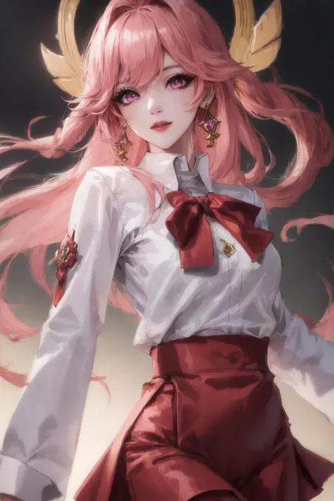 (masterpiece, best quality:1.1), 8k,1loli, yae miko, evil smile, sweat, long eyelashes, sharp eyes, beautiful eyes, detailed eyes, thick eyebrows, red eyeshadow, symmetry eyes, solo focus, looking to viewer, ((pink eyes:1.2, high-quality detail eyes))(realistic:1.3), (((white shirt, black skirt, pantyhose, ))), high hotel, modern villa (ulzzang-6500:0.7)