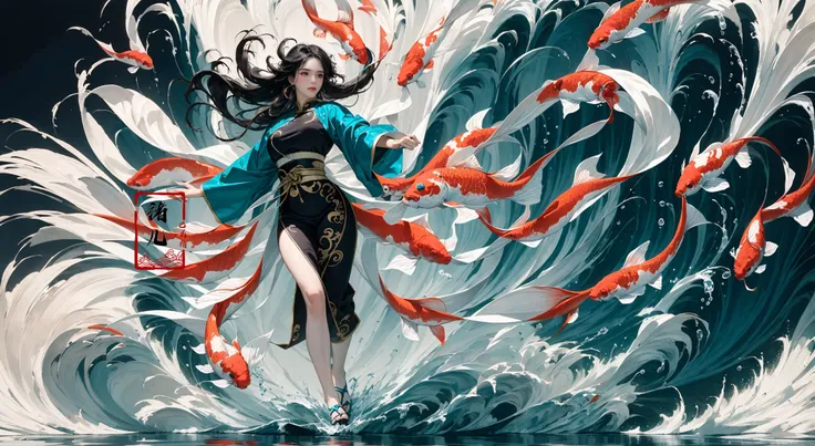 (solo focus:1.5)ultra-detailed(masterpiece:1.4)best qualityultra high res, cyan background(Real waterRealistic waterflowing water:1.2)ripples
(1girlsolo:1.5)kuri style,(long legs:1.1),(imid shot,macro shot:1.25),(Detailed face description), Chinese Antique Costume,chinese Martial Arts,large_breasts,Absurdly long hair,black hair
aqua Theme Chinese ThemeInk style,Combat postureA shot with tensiondetailed backgroundDouble exposure,
Buddha statueChinese architecture, (full body:1.7), A shot with tension(sky glows red,Visual impact,giving the poster a dynamic and visually striking appearance:1.2),Chinese Zen style,impactful picture,
(ether colorful ink flowing koi:1.3),gracefully twirls amidst a captivating whirlwind of vibrant silk ribbons, employing dynamic lighting to enhance the sense of motion and the striking colors,
<lora:~Q?-& koi:0.8>