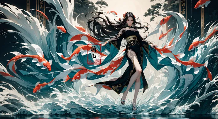 (solo focus:1.5)ultra-detailed(masterpiece:1.4)best qualityultra high res, cyan background(Real waterRealistic waterflowing water:1.2)ripples
(1girlsolo:1.5)kuri style,(long legs:1.1),(imid shot,macro shot:1.25),(Detailed face description), Chinese Antique Costume,chinese Martial Arts,large_breasts,Absurdly long hair,black hair
aqua Theme Chinese ThemeInk style,Combat postureA shot with tensiondetailed backgroundDouble exposure,
Buddha statueChinese architecture, (full body:1.7), A shot with tension(sky glows red,Visual impact,giving the poster a dynamic and visually striking appearance:1.2),Chinese Zen style,impactful picture,
(ether colorful ink flowing koi:1.3),gracefully twirls amidst a captivating whirlwind of vibrant silk ribbons, employing dynamic lighting to enhance the sense of motion and the striking colors,
<lora:~Q?-& koi:0.8>