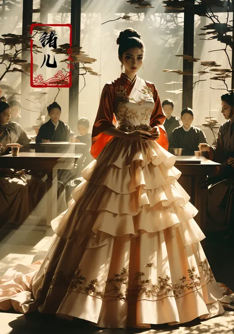 A grand Confucian academy, with scholars engrossed in ancient texts, with sunlight filtering through, casting a golden hue on the ground, Double exposure, Kodak Portra 400, Ultra wide view shot, W Magazine, by Alec Soth, Mario Giacomelli,
(full body:1.2), Milky skin, shiny skinA mature facesideways glance, (cold attitude,eyeshadow,eyeliner:1.1),(red lips:1.1),watery eyes,
(Luxurious Satin Ball Gown with Embroidered Bodice and Tiered Ruffled Skirt:1.4), (Dynamic Angle:1.4), (Perspective:1.1),
<lora:~Q?-Q[[fbConfucian academy:0.9>