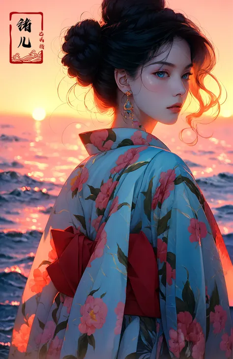 masterpiece, best quality, 32k uhd, insane details, intricate details, hyperdetailed, hyper quality, high detail, ultra detailed, Masterpiece,
The fleeting beauty of a sunset, day giving way to night, studio light , Harper's Bazaar , Kodak Portra 400 , Halftone print , Chemigram , (Portrait shot with peach and cyan lighting Paul Zizka:1.3), Xu Beihong, Bertil Nilsson, blury background, depth of field,
Phantom light,(backlighting:1.3),floral print, sunset, sky, ocean,
1girl, solo, earrings, jewelry, lips, dlosed mouth, blue eyes, (full body:1.4), (long legs:1.3), (Milky skin, shiny skin:1.3)kimono,
own hands together,  veil, power lines, water,
<lora:~Q?-hCRQI_qPhantom light:0.95>