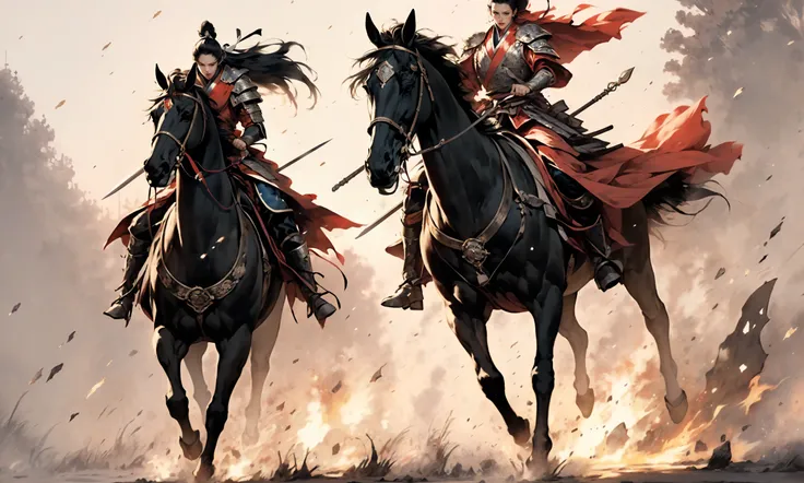 (dramatic, gritty, intense:1.4),masterpiece, best quality, 32k uhd, insane details, intricate details, hyperdetailed, hyper quality, high detail, ultra detailed, Masterpiece, battlefield(wide shot, wide-angle lens,Panoramic:1.5),
Chinese martial arts war scenes, a girl Chinese wearing blue and white porcelain armor, chinese ink style, martial arts style, Chinese fairy tale,highly detailed, dynamic, cinematic, stunning, realistic lighting and shading, vivid, vibrant, 8k,octane render, unreal engine, very detailed, concept art, realistic, Cry engine,
weaponpolearmwhite ridingwhite horsehorseback riding, windsmoke
1boy(full body:1.5), holdingmale focus, holding weapon(holding polearmspear:1.5),white chinese clothesarmor, white cape, shoulder armor, helmet, black hair, ponytail, (white ribbon:1.4)outdoors, embers, animal
A shot with tension(sky glows red,Visual impact,giving the poster a dynamic and visually striking appearance:1.2),Chinese Zen style,impactful picture,  <lora:~Q?-lhorse:0.9>