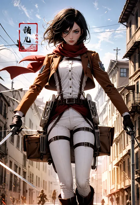 stunning move,thrilling moment, arms crossed, serious, upper body, blurry, blurry_background, blurry_foreground, depth_of_field, motion_blur,
Mikasa1girlparadis military uniformbrown jacket3D Maneuver Gear, blades,
holding weaponthree-dimensional maneuver geartall boots, white shirtpantsbeltred scarfshort hair, black hair, Survey Corps uniform, brown jacket, green regimental belt,
survey corps V(emblem\), training corps V(emblemU),
<lora:~Q?-N	{  Mikasa:0.8>