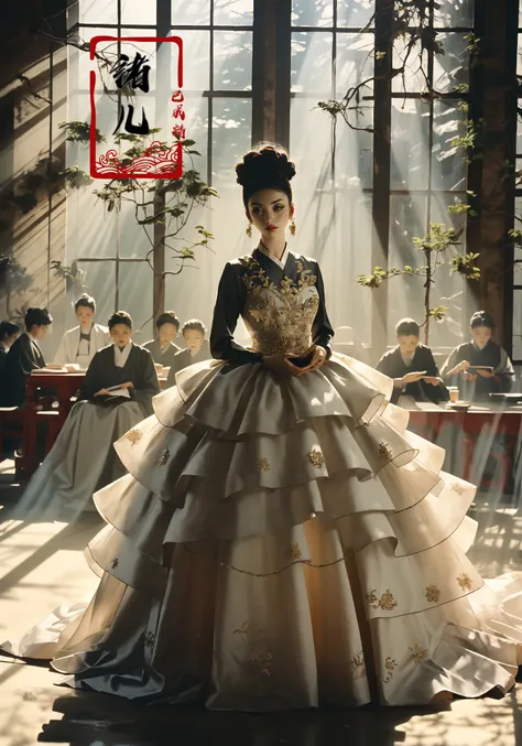 A grand Confucian academy, with scholars engrossed in ancient texts, with sunlight filtering through, casting a golden hue on the ground, Double exposure, Kodak Portra 400, Ultra wide view shot, W Magazine, by Alec Soth, Mario Giacomelli,
(full body:1.2), Milky skin, shiny skinA mature facesideways glance, (cold attitude,eyeshadow,eyeliner:1.1),(red lips:1.1),watery eyes,
(Luxurious Satin Ball Gown with Embroidered Bodice and Tiered Ruffled Skirt:1.4), (Dynamic Angle:1.4), (Perspective:1.1),
<lora:~Q?-Q[[fbConfucian academy:0.9>