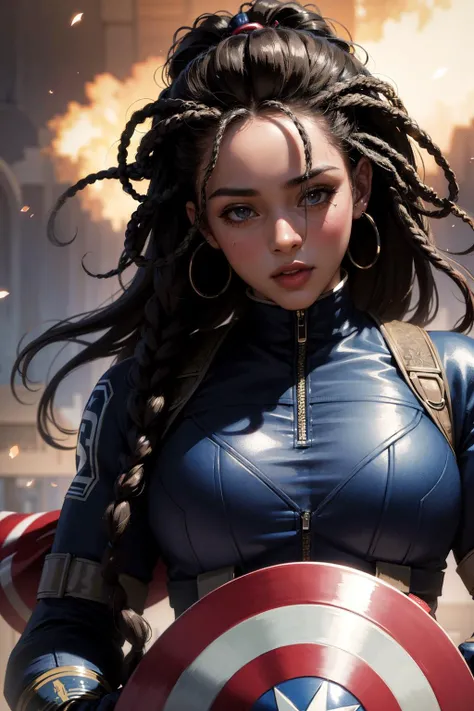 (masterpiece:1.2), (best quality:1.2) (detailed) (intricate) (8k) (HDR)
female captain America, (female:1.4), (blue suit), extreme close up, Face close up, explosions, smoke, ebony woman, dark skin, dreadlocks, black woman,
<lora:weight_slider_v2:1>,