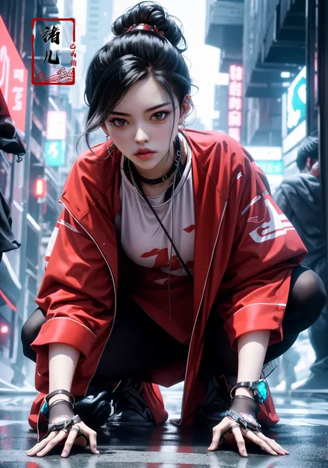 CG masterpiece, 3D Chinese girl, angelic face, techno-cool style, dressed in cyberpunk mixed with Chinese style clothing, crouching on the ground, tense image, dynamic poses, stunning colors, super wide angle lens, 3D rendered headshot, cinematic, photorealistic, OC renderer, super-realistic, (full body:1.5), <lora:prone_20230904184144:0.8>