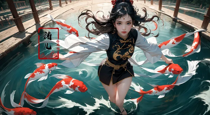 (solo focus:1.5)ultra-detailed(masterpiece:1.4)best qualityultra high res, cyan background(Real waterRealistic waterflowing water:1.2)ripples
(1girlsolo:1.5)kuri style,(long legs:1.1),(imid shot,macro shot:1.25),(Detailed face description), Chinese Antique Costume,chinese Martial Arts,large_breasts,Absurdly long hair,black hair
aqua Theme Chinese ThemeInk style,Combat postureA shot with tensiondetailed backgroundDouble exposure,
Buddha statueChinese architecture, (full body:1.7), A shot with tension(sky glows red,Visual impact,giving the poster a dynamic and visually striking appearance:1.2),Chinese Zen style,impactful picture,
(ether colorful ink flowing koi:1.3),gracefully twirls amidst a captivating whirlwind of vibrant silk ribbons, employing dynamic lighting to enhance the sense of motion and the striking colors,
<lora:~Q?-& koi:0.8>