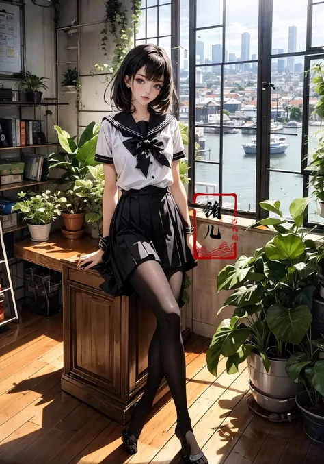 Epic CG masterpiece, an anime girl in a room with plants, no shoes, Black transparent pantyhose, pleated skirt, Sailor suit, sailor collar, in the style of photorealistic urban scenes, applecore, sandalpunk, high-angle, vacation dadcore, solarizing masternight
1girl,  Milky skin, (shiny skin:1.4)sitCrossed legs, Black transparent pantyhose
<lora:~Q?-3QI\Ys window:0.8>