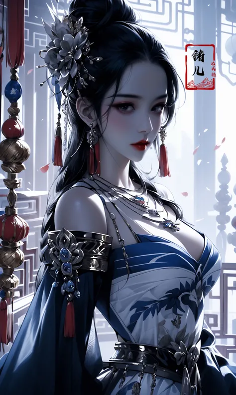 masterpiece, best quality, 8k, insane details, intricate details, hyperdetailed, hyper quality, high detail, ultra detailed, Masterpiece,
solo focus, 1girlsololooking at viewerred lipsclosed mouthmedium breasts (Milky skin, shiny skin:1.3)(upper body:1.0),
(blue chinese clothes:1.1), (blue dress:1.2)clothing cutoutlong sleeves(tassel earringshair ornamentnecklace:1.2), updohair bunbare shoulders, detached sleeves,
architecture, indoorseast asian architecturepetals, falling petals, lantern, <lora:updo_20230903192906:1>