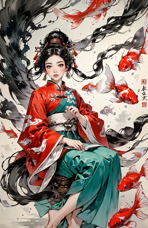 Low contrast(Ink style:1.2),  A shot with tensiondetailed backgroundDouble exposure,masterpiece, professional artwork, famous artwork, 1girl,
Tradition Chinese Ink Painting style of A cute girl in traditional Chinese costumes is and koi.     There are many auspicious clouds in the picture, and thick strokes with dry brushes,watercolor ink painting, full body,extreme long shot, surrounded by a lot of fish, dry brush thick strokes, Zhang Daqian's paintings, clear facial features watercolor ink painting <lora:~Q?-l4X| kio:0.7>