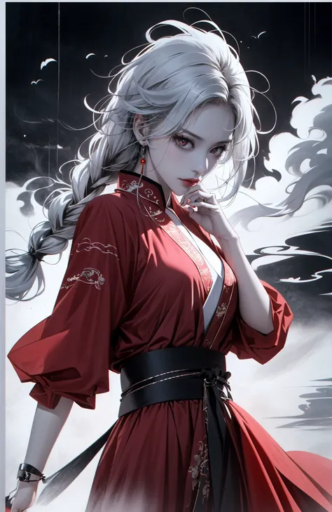 (dramatic, gritty, intense:1.4),masterpiece, best quality, 32Kinsane details, intricate details, hyperdetailed, hyper quality, high detail, ultra detailed, Masterpiece, (full body:1.4),  Red eyes(white hair:1.6)(braid:1.3)
an girl in a red dress is in front of white eyes, Unreal background, smoke and mist, like something coming out. Chinese Taoist ghost legendhorror-inspired, Chinese Horrordollcore, dark violet and light blue, contrast between light and darkphoto-realistic hyperbole, japonism influenced pieces, cryptidcoreJunji Ito, miho hirano, ilya kuvshinov, Yimou Zhang, Thick paintings, oil paintings, ink drawingscinematic textures, top view, extreme close-ups, REALISTIC 3D, ULTRA DETAILED. Blender, C4D, high detail, high resolution,
A shot with tension(sky glows red,Visual impact,giving the poster a dynamic and visually striking appearance:1.2),Chinese Zen style,impactful picture,
<lora:~Q?-~cYs<:0.8>