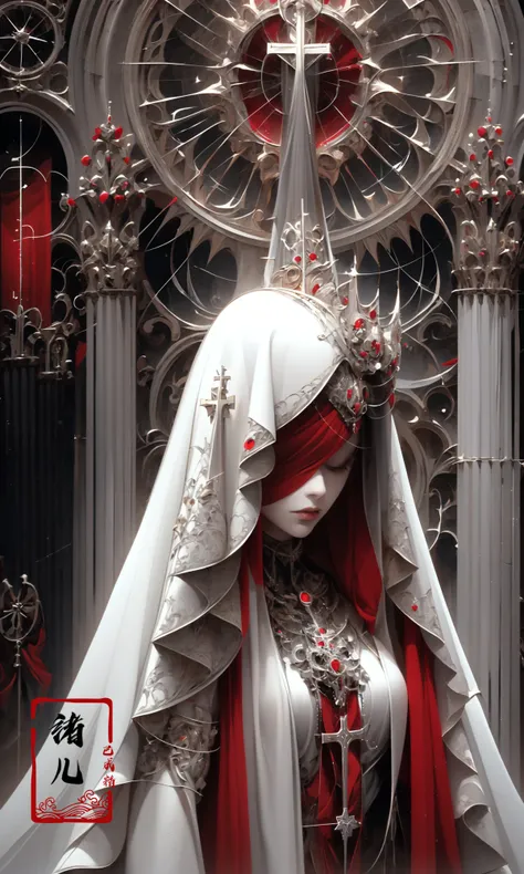 the goddess by shadrach jaroshelev, in the style of gothic futurism, dark white and light red, hyper-detailed illustrations, uhd image, Gorgeous costume details, intricate costumes, (cathedral:1.6)(beautiful and clear background:1.4),
(Transparent blindfold:1.1),  (coif:1.3),
<lora:~Q?-OYsY4] coif:0.9>