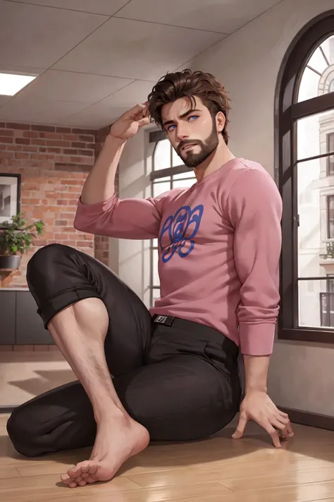 RAW photo, realistic,(minigts),(minigiantess),one man, 1boy, looking at viewer, head touching ceiling, full body portrait, inside, realistic, livingroom, sitting on floor, a tall minigiantess man in a pink sweatshirt and black shorts sitting on a floor next to a plant and a chair, blue eyes, sitting, muscular, indoors, one arm raised, kitchen, pants, solo, brown hair, beard, flustered face, (high detailed skin), 8k uhd, dslr, soft lighting, high quality, film grain, Fujifilm XT3, full body portrait, <lora:minigts:0.5>