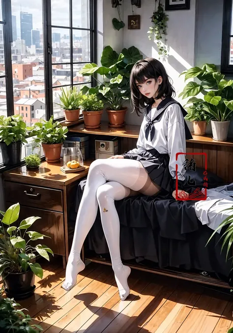 Epic CG masterpiece, an anime girl in a room with plants, no shoes, Black transparent pantyhose, pleated skirt, Sailor suit, sailor collar, in the style of photorealistic urban scenes, applecore, sandalpunk, high-angle, vacation dadcore, solarizing masternight
1girl,  Milky skin, (shiny skin:1.4)sitCrossed legs, Black transparent pantyhose
<lora:~Q?-3QI\Ys window:0.8>