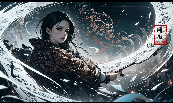 (dramatic, gritty, intense:1.4),masterpiece, best quality, 8k, insane details, intricate details, hyperdetailed, hyper quality, high detail, ultra detailed, Masterpiece,
(calligraphy:1.4)(ether colorful ink flowing:1.3),1girl,  A shot with tension
<lora:~Q?-Nflcalligraphy:0.8>