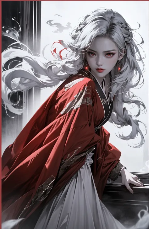 (dramatic, gritty, intense:1.4),masterpiece, best quality, 32Kinsane details, intricate details, hyperdetailed, hyper quality, high detail, ultra detailed, Masterpiece, (full body:1.4),  Red eyes(white hair:1.6)(braid:1.3)
an girl in a red dress is in front of white eyes, Unreal background, smoke and mist, like something coming out. Chinese Taoist ghost legendhorror-inspired, Chinese Horrordollcore, dark violet and light blue, contrast between light and darkphoto-realistic hyperbole, japonism influenced pieces, cryptidcoreJunji Ito, miho hirano, ilya kuvshinov, Yimou Zhang, Thick paintings, oil paintings, ink drawingscinematic textures, top view, extreme close-ups, REALISTIC 3D, ULTRA DETAILED. Blender, C4D, high detail, high resolution,
A shot with tension(sky glows red,Visual impact,giving the poster a dynamic and visually striking appearance:1.2),Chinese Zen style,impactful picture,
<lora:~Q?-~cYs<:0.8>