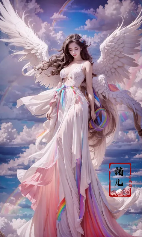 highly detailed, dynamic, cinematic, stunning, realistic lighting and shading, vivid, vibrant, 8k,octane render, unreal engine, very detailed, concept art, realistic, Cry engine,
1girlangel(solo:1.6)white wingsfeathered wingsangel wingsfeathers(Milky skin, shiny skin:1.3)(Transparent clothes:1.5),
(rainbow:1.7)flowerhair flower(cloudy skysky:1.4)
long hairblonde hairhair oramentbreastsdressbare shouldersfull body<lora:~Q?-_iyY)O angel:0.9>