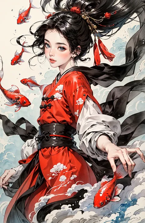 Low contrast(Ink style:1.2),  A shot with tensiondetailed backgroundDouble exposure,masterpiece, professional artwork, famous artwork, 1girl,
Tradition Chinese Ink Painting style of A cute girl in traditional Chinese costumes is and koi.     There are many auspicious clouds in the picture, and thick strokes with dry brushes,watercolor ink painting, full body,extreme long shot, surrounded by a lot of fish, dry brush thick strokes, Zhang Daqian's paintings, clear facial features watercolor ink painting <lora:~Q?-l4X| kio:0.7>