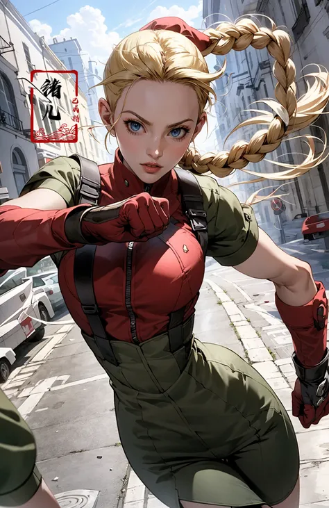 CAMMYEpic CG masterpiece, from Capcom game Street Fighter, cammy, Cammy White (character name), red beret, camouflage face paint, confident smile, legendary fighting, skills, martial arts expert,lightning kick, spinning bird kick,
<lora:~Q?-CAMMY:0.7>