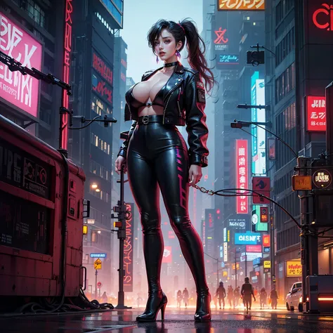 1girl, long hair, ponytail hairstyle, wearing a cyberpunk slutty clothes, leather pants, leather jacket, earrings, jewelry, large breasts, (curvy), professional makeup, choker, in the cyberpunk night city, (cyberpunk:1.3), colorful, dynamic angle, ((sci-fi)), city skylines