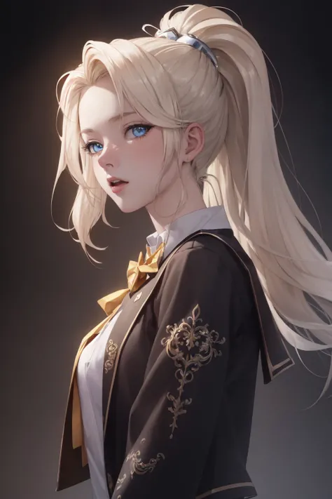 (((masterpiece,best quality,official art,extremely detailed CG unity 8k wallpaper))),illustration,landscape,solo,1girl,bishojo,beautiful detailed eyes,Student uniforms, platinum blonde hair, ponytail