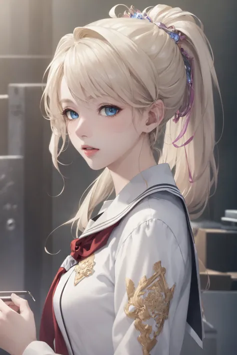 (((masterpiece,best quality,official art,extremely detailed CG unity 8k wallpaper))),illustration,landscape,solo,1girl,bishojo,beautiful detailed eyes,Student uniforms, platinum blonde hair, ponytail