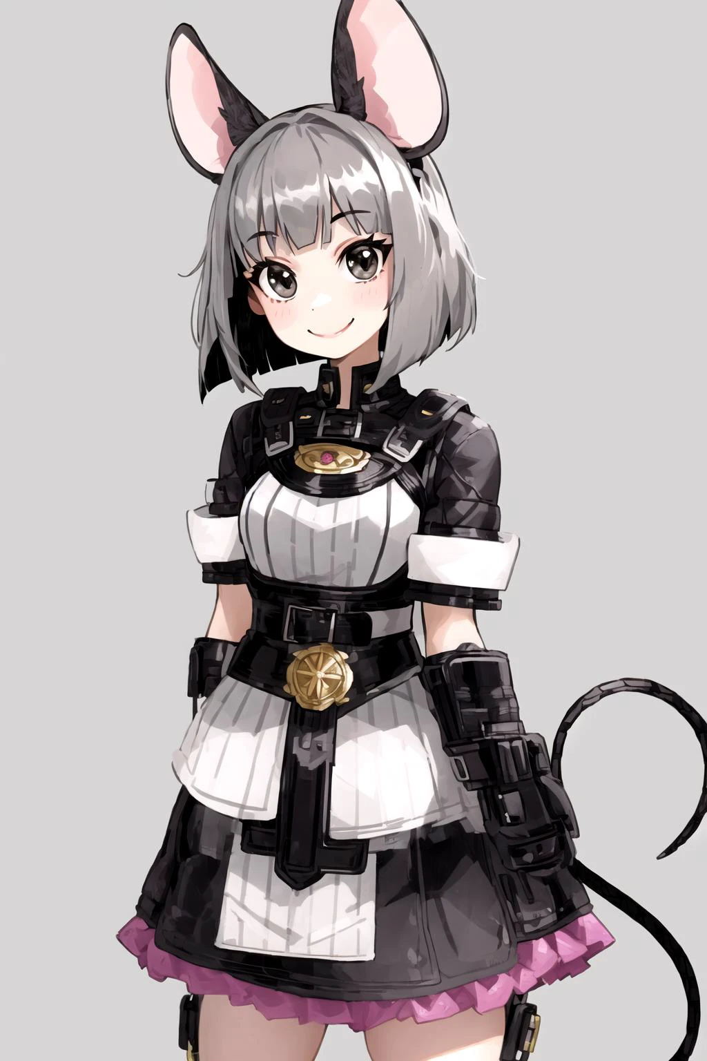 (grey background:1.2), mouse ears, mouse tail, mouse girl, breastplate, skirt, bob cut, smile, looking at viewer, <lyco:MonsterPromC-10:0.8>