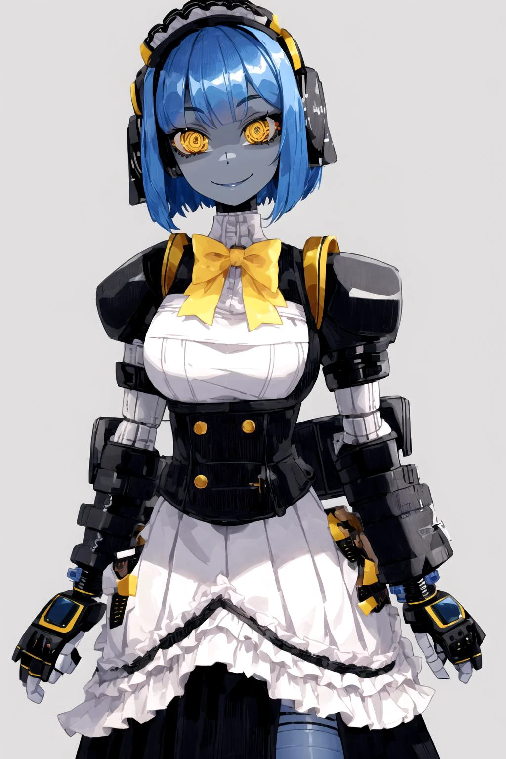 grey background, (humanoid robot), bob cut, looking at viewer, smile, yellow eyes, large breasts, maid uniform, black bowtie, light blue hair, colored skin, pale skin, white skin, joints, robot joints, maid, dress, <lyco:MonsterPromC-10:0.8>