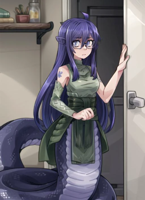 ((best quality)), ((highly detailed)), masterpiece, extremely detailed face, beautiful face, (detailed eyes, deep eyes), (1girl), (glasses), upper body, <lora:hairdetailer:1>, <lora:aiomonstergirls_loraLocon:.6>, <lora:animeLamia_v10:1>, (lamia), scales, tail, merged at waist, standing, (rainbow_gradient scales), <lora:slit-pupils:1>, snake eyes, (indoors, at a closet), <lora:MonsterPromC:.8>