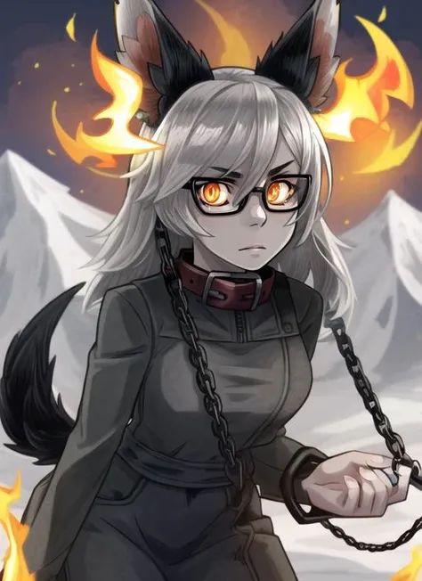 ((best quality)), ((highly detailed)), masterpiece, extremely detailed face, beautiful face, (detailed eyes, deep eyes), (1girl), (glasses), cowboy shot, <lora:hairdetailer:.8>, <lora:aiomonstergirls_loraLocon:.8>, (hellhound), colored skin, charcoal black colored skin:1.33, wolf ears, black fur, grey hair, flame eyes, orange eyes, ((glowing eyes)), dog collar, chain leash, chains, shackles, monster girl, (at a mountain range), <lora:MonsterPromC:.8>