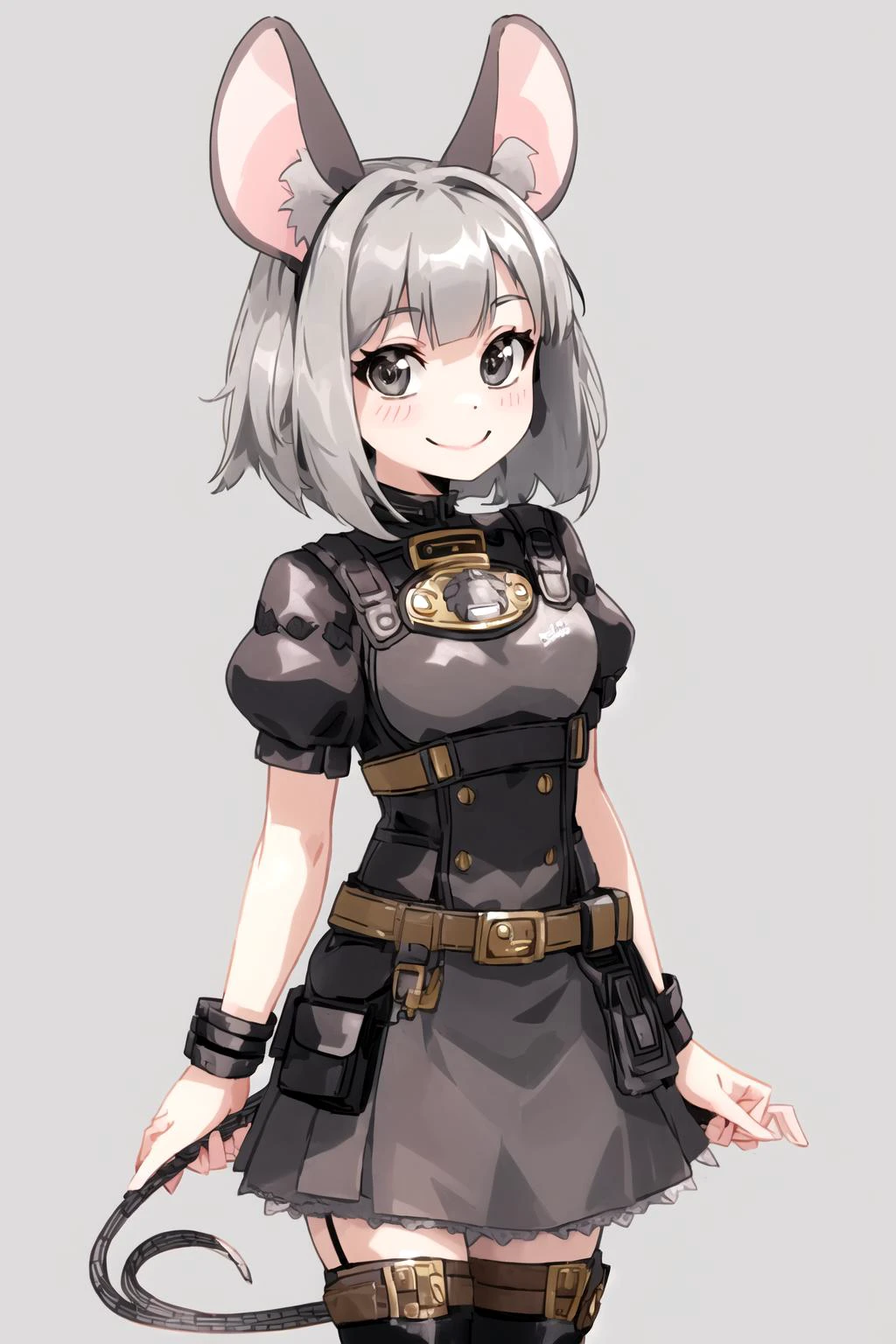 (grey background:1.2), mouse ears, mouse tail, mouse girl, breastplate, skirt, bob cut, smile, looking at viewer, <lyco:MonsterPromC-10:0.8>
