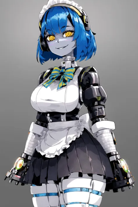 grey background, (humanoid robot), bob cut, looking at viewer, smile, yellow eyes, large breasts, maid uniform, black bowtie, light blue hair, colored skin, pale skin, white skin, joints, robot joints, maid, dress, <lyco:MonsterPromC-10:0.8>