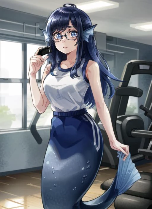 ((best quality)), ((highly detailed)), masterpiece, (detailed eyes, deep eyes), (1girl), (glasses), cowboy shot, <lora:hairdetailer:.7>, <lora:aiomonstergirls_loraLocon:.7>, <lora:animeMermaid_v10:1>, (mermaid), fins, (indoors, at a gym), <lora:MonsterPromC:.8>