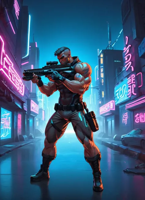 cartoon version of a muscular man aiming a rifle, e11blstr, cyberpunk, neon city, at night, refelctions,
<lora:Blastech_E-11_Blaster_Rifle_-_Stormtrooper_Blaster_SDXL:1.2>