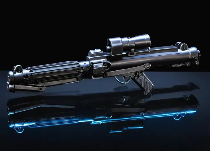 product shot of a rifle on a glass table, e11blstr, black background, neon lights, reflections, shiny, 
 <lora:Blastech_E-11_Blaster_Rifle_-_Stormtrooper_Blaster_SDXL:1.2>