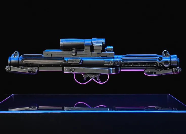 product shot of a rifle on a glass table, e11blstr, black background, neon lights, reflections, shiny,
<lora:Blastech_E-11_Blaster_Rifle_-_Stormtrooper_Blaster_SDXL:1.2>